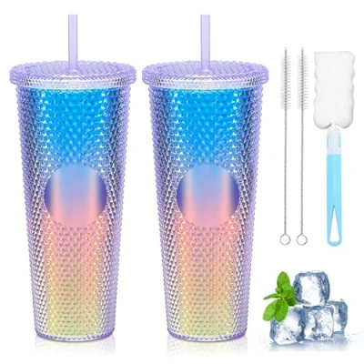 Imagen de Vaso Mate Completamente Tachonado 710 ml, 2 Pcs Plastico con Tapa y Popote, de Plástico Reutilizable, Agua Gran Capacidad Cepillo Taza, per Café, Jugo