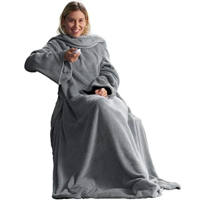 Imagen de CelinaTex Manta para televisión con Mangas y Bolsillo los pies, mullida, XL, 170 x 200 cm, Color Plateado Gris, Microfibra, Forro Polar, Suave, Certificado Öko Tex