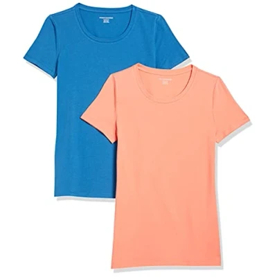 Imagen de Amazon Essentials Camiseta de Cuello Caja Manga Corta y Ajuste Clásico Mujer, Pack 2, Azul/Naranja Coral, L