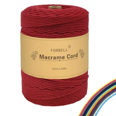 Imagen de FORBELL hilo de macramé, 3 mm x 300 m, algodón premium, para manualidades (rojo burdeos)