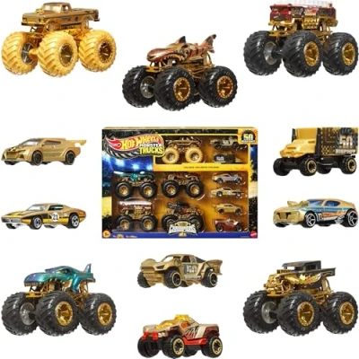Imagen de Hot Wheels Monster Trucks Campeones de trofeo Colección coches y camiones, con vehículos metálicos: Bigfoot, 5 Alarm, Bone Shaker, Mega Wrex Tiger Shark, además seis coches, JDW07