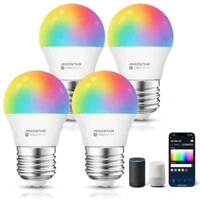 Imagen de Aigostar Bombilla Inteligente, Wifi G45 E27 6.5W, Led Inteligente RGBCW Compatible con Alexa/Google Home, No se Requiere Concentrador. Control Remoto,Control De Voz, 4 Unidades.