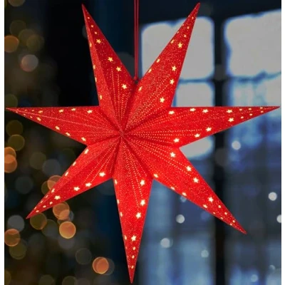 Imagen de BRUBAKER Estrella de Navidad Colgante 3D Papel para Ventana con Casquillo E14 Adviento Patrón Deco 60 cm Set Luminosa Cable 3,5 m Roja