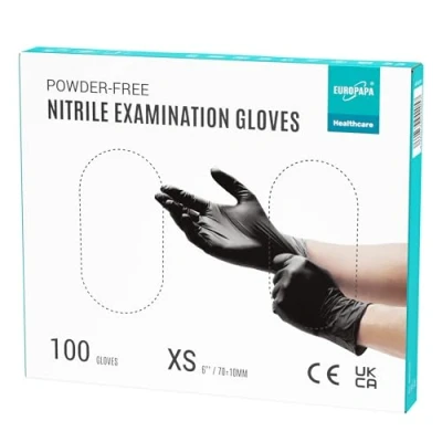 Imagen de EUROPAPA 100 Guantes De Nitrilo Desechables, Examen, Nitrilo, Sin Polvo, LÁTex, No EstÉRiles, LÁTex (XS, Negro)