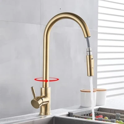 Imagen de Grifo de Cocina Extraíble 2 Funciones Oro 360 Giratorio el Fregadero Monomando Grifería, Frío y Calor Disponibles