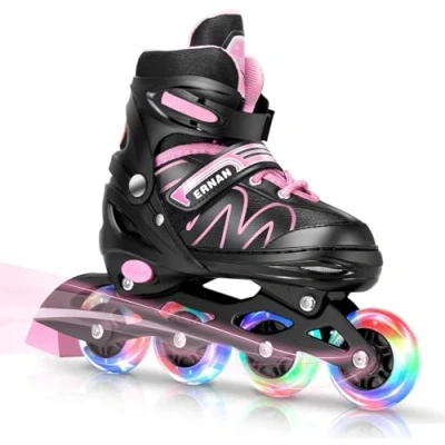 Imagen de ERNAN Patines en línea Ajustables para Niños y niñas con Ruedas de iluminación, Principiantes Jóvenes Grandes Exteriores e Interiores. (Pink, S)