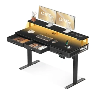 Imagen de OffiGo Mesa Elevable Escritorio con Cajones,140cm Soporte para Monitor, Gaming Carga y Luces LED, Regulable Altura, Negro