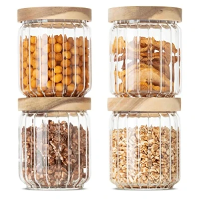 Imagen de Econovo® tarros de almacenamiento con tapa y patrón (500 ml, 4 piezas), apilables herméticos, madera, juego recipientes cristal, para alimentos