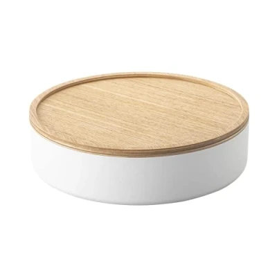 Imagen de YAMAZAKI 5801 RIN Estuche de almacenamiento con tapa redonda, blanco, Acero/Madera, minimalista, 22 x 6 cm