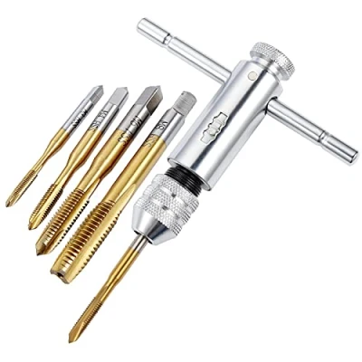 Imagen de Gueenky juego de llaves trinquete con mango en T, taladro llave mano ajustable, herramientas roscado con5 piezas M3 M8 rosca manual para escariadores extractores tornillos
