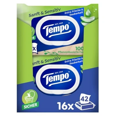 Imagen de Tempo toallitas húmedas &quot;Suave y sensible&quot; Megapack 16 paquetes de 42 cada uno con aloe vera natural Papel higiénico húmedo, dermatológicamente probado pH neutro para la piel