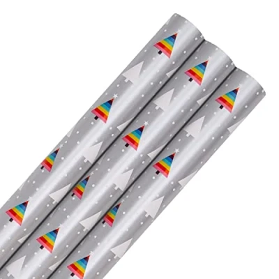 Imagen de Hallmark Paquete de papel regalo árbol Navidad arcoíris, 3 rollos en 1 diseño colorido, papeles arcoíris