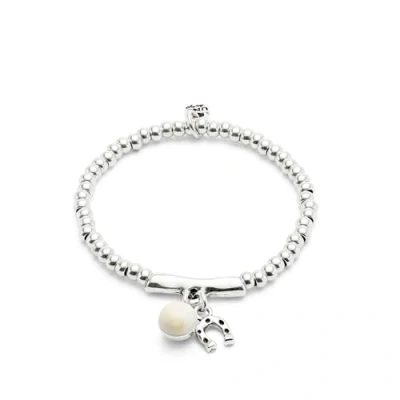 Imagen de UNOde50 Pulsera de Bolas con Charm Herradura y Cristal Murano Marfil Bañada en Plata Ley Joya Artesanal Hecho España