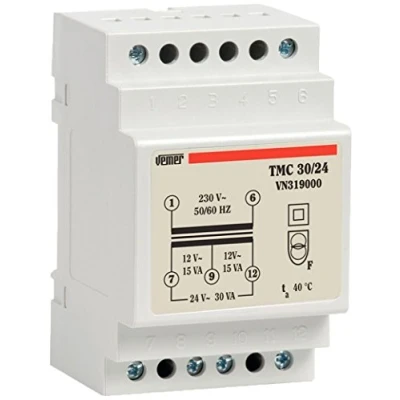 Imagen de VEMER VN319000 Transformador TMC 30/24 de Barra DIN para Servicio Continuo 230 V/12 24 V Potencia 30 VA, Blanco