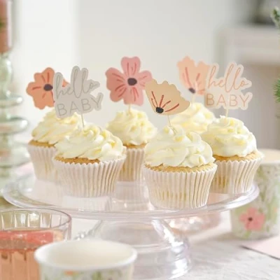 Imagen de Ginger Ray Adornos florales para cupcakes con diseño de Hello Baby y flores púas madera, paquete 12, color pastel