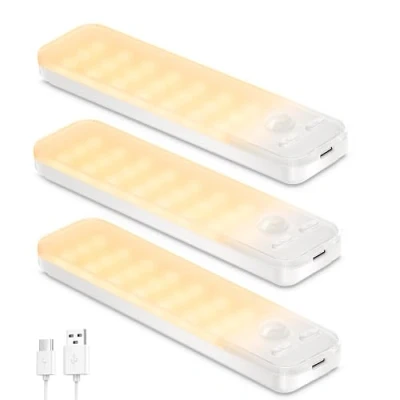 Imagen de Ylatoial Luz de Armario, 3 Piezas 15CM Nocturna con Sensor Movimiento, 6500K USB Recargable LED Armario para Gabinete, Cocina, Escalera, Pasillo, Sótano, Garaje Blanco Cálido