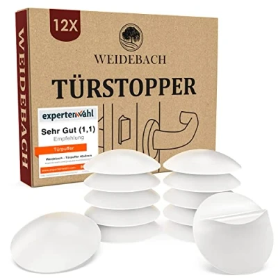 Imagen de WEIDEBACH® 12 topes de puerta discretos para pared, blancos, 40 x 9 mm, autoadhesivos, elásticos cualquier superficie, tope goma,