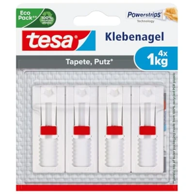 Imagen de tesa 77774 Clavo adhesivo ajustable (para papel pintado y yeso, altura regulable, autoadhesivo, hasta 1 kg de potencia sujeción por clavo), 4 unidades, color blanco