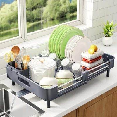 Imagen de SAYZH Escurreplatos, Escurridor De Platos Extensible(33.5 CM 50 CM) Gran Capacidad con Soporte Cubiertos Extraíble y Caño Drenaje Giratorio, para Encimera Cocina Ahorre Espacio(Gris)