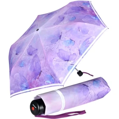 Imagen de Knirps 4Kids Paraguas de bolsillo para niños con ribete reflectante, mariposa, 90 cm, Abrebotellas mano