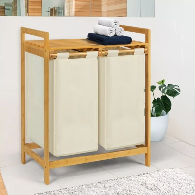 Imagen de IDMarket Cesta de lavandería 2 bandejas bambú BEA tela cruda
