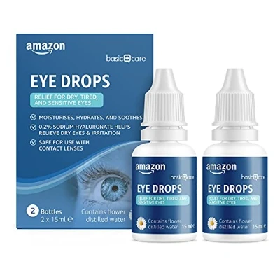 Imagen de Amazon Basic Care Colirio ocular con hialuronato de sodio al 0.2 % y agua destilada floral, 15 ml (Paquete 2)