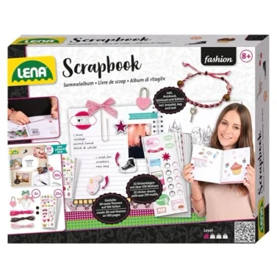 Imagen de Lena 42331 Craft Scrapbook Grande, Completo con Álbum, Cerradura, 22 Hojas 370 Pegatinas, Esquinas de Fotos, Clips Cinta y Accesorios para Pulseras, Set Creativo a Partir 8 Años, Multicolor