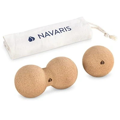 Imagen de Navaris Bolas para masajes Set de corcho 1x pelota cacahuete automasajes y bolsa Kit 2 pelotas masaje espalda cuello nuca