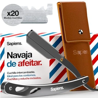 Imagen de Sapiens Barbershop Navaja de Afeitar Hombre Barbero para Barba + 20 Medias Cuchillas Derby Funda Protectora Cuchilla