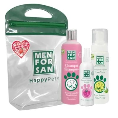 Imagen de MENFORSAN Pack Higiene y Belleza, Champú Acondicionador, 300ml, Colonia Fresa 125ml, en Espuma para Perros Gatos 200ml, Rico Aroma a