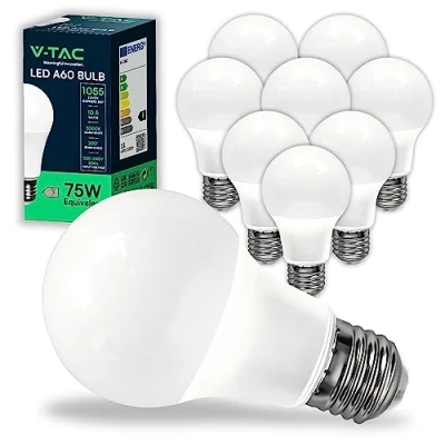 Imagen de V TAC 10x Bombillas LED E27, Edison A60 10,5W (Equivalente a 75W) 1055 Lumen 3000K Blanco Cálido Apertura del Haz de Luz 200 Máxima Eficiencia y Bajo Consumo,