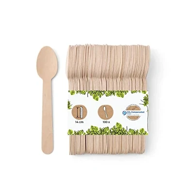 Imagen de GREENBOX cuchara de madera, desechable, respetuosa con el medio ambiente, cubiertos desechables, biodegradables, compostables, 100 cucharas desechables 14 cm