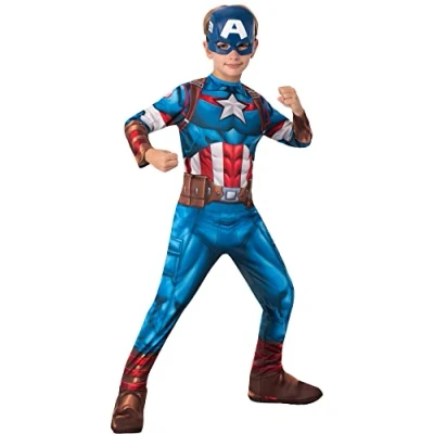 Imagen de Rubies Disfraz Capitán América Clásico para niños, Jumpsuit con detalles impresos, cubrebotas y máscara, Oficial Marvel Carnaval, Halloween, Navidad cumpleaños