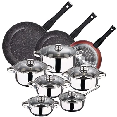 Imagen de San Ignacio PK4771 PACK DE 3 SARTENES 20/24 y 28 cms + BATERÍA COCINA 12PC EN ACERO INOXIDABLE, Cobre/Cromado