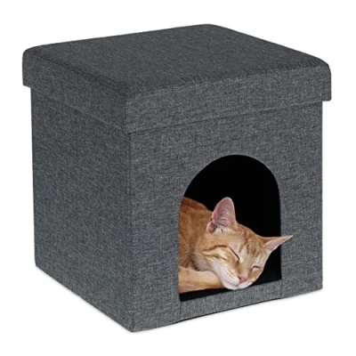Imagen de Relaxdays Cama Cueva para Gatos con Taburete, Escondite Cojín Gatitos, Perros Cachorros, 38,5 x 37 cm, Gris, Tablero de Fibras