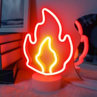 Imagen de luz de neón llama con base, letrero fuego LED rojo llama, Adecuado para USB o batería 3A, nocturna dormitorio, pared, bar, niños, amigos, regalo
