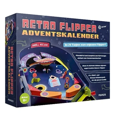Imagen de FRANZIS 67210 Calendario de Adviento retro Flipper, en 24 días para hacer su propia máquina pinball totalmente funcional, sin plástico, niños a partir 8 años