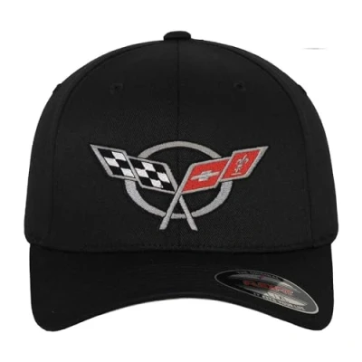Imagen de Chevrolet Licenciado Oficialmente Corvette C5 Flags Gorra de béisbol Flexfit (Negro), Small/Medium