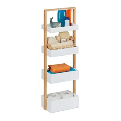 Imagen de Relaxdays Estantería Baño con 4 Cestas, Bambú y MDF, 88 x 30 18 cm, Estante Vertical Lavabo Cocina, Natural/Blanco, 19 cm