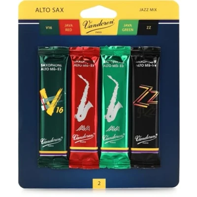 Imagen de Vandoren SRMIXA2 Alto Sax Jazz Reed Mix Card includes 1 each ZZ, V16, JAVA and Red Strength 2