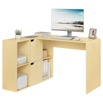 Imagen de eSituro Mesa Escritorio Esquinero en L con 4 Estanteria + 2 Armarios 120 cm Ordenador de Oficina, Estudio Beige Doble Tablero para Ordenadores, 118x100x75