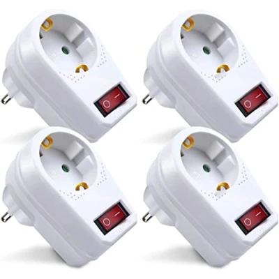 Imagen de EXTRASTAR Adaptador con Interruptor y Enchufes Schuko, Protección Infantil, Retardante de Llama, 3680W, 16A, Blanco, 4PCS