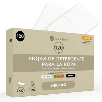 Imagen de Cosmeau Hojas de Detergente Para Ropa Lavadora Neutras Hasta 120 Lavados (60 Hojas) Blancos, Colores y Negros Libre Plástico, Biodegradable Viaje Perfecto