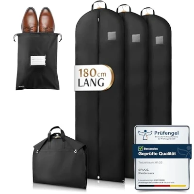 Imagen de Bruce.® 3x Fundas Ropa Armario 180x60cm con 1x Bolsa de Zapatos, Antipolillas Almacenaje 120 GSM, Porta trajes Caballero o Mujer para Viaje, Bolsas Guardar Colgada Cremallera