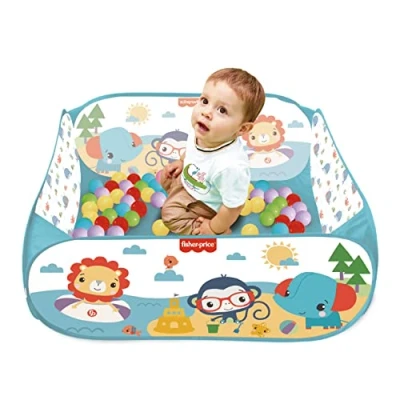 Imagen de Fisher Price Piscina de Bolas Infantil Portátil, Incluye 25 Bolas, Bolsa para transporte, Fácil Montaje y Desmontaje, Parque Infantil, Dimensiones 90x40x90cm (Deqube 920D00088)