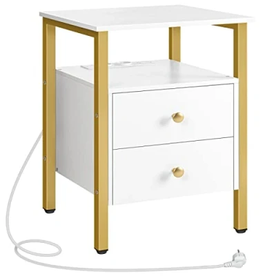 Imagen de HOOBRO Mesita de Noche, Mesas Centro con Enchufe y Puerto USB, Mesa Auxiliar Cajones Estantes Almacenamiento, Adecuada para Sala Estar, Dormitorio, Blanco Dorado EDW43CBZ01G2