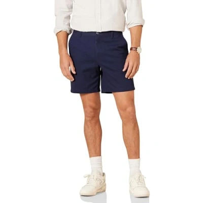 Imagen de Amazon Essentials Pantalones cortos chinos elásticos de 18 cm y corte entallado Hombre, Azul Marino, 29W