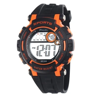 Imagen de Ravel Reloj de cuarzo digital redondo 3 ATM para hombre con luz RDG.141, Negro y naranja