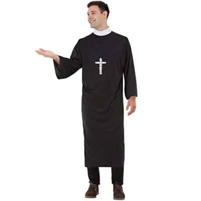 Imagen de Funidelia Disfraz de cura para hombre Sacerdote, Monje, Papa, Profesiones, despedida soltero adultos y accesorios Fiestas, Carnaval Halloween Talla L Negro