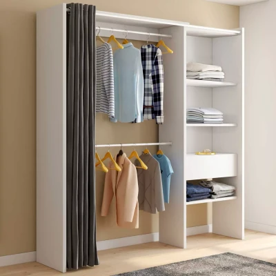 Imagen de IDMarket Vestidor extensible blanco y gris marty 120/170 x 50 180 cm con cortina + doble armario estantes